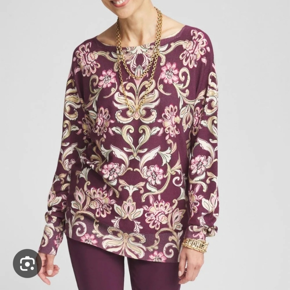 Chico's Foil Print Dolman Raisin LS Pullover Sweater NWT Size 1 Medium